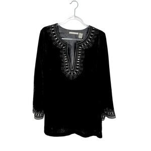 Peter Nygård Black Velvet Embellished Tunic Size 12 Boho Luxe Vintage Glam Event